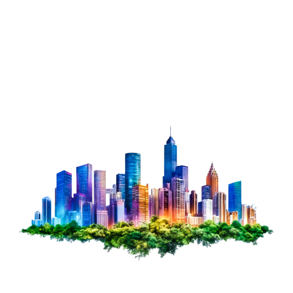 Colorful City Skyline with Modern Architecture and Vibrant Lights png