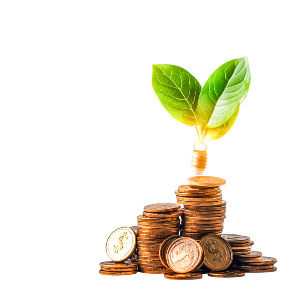 Growth Concept with Leaves and Coins Stacked on a Black Background png