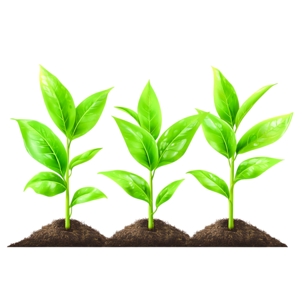 Three Fresh Green Plants Growing in Rich Dark Soil png