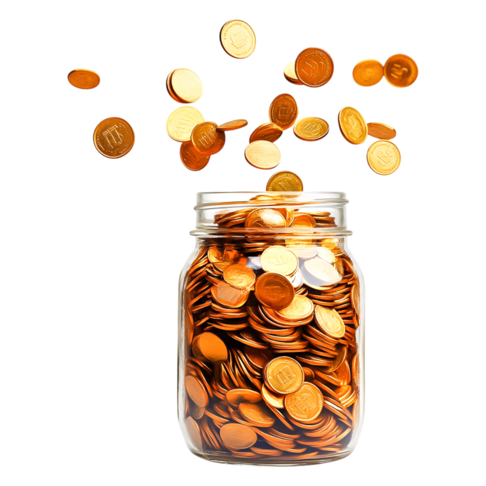 Coins Falling into Jar with Background of Blurred Light Setting png