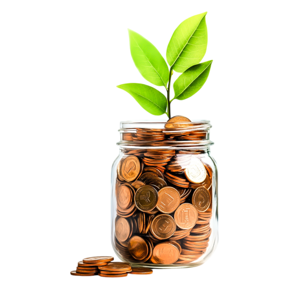 Money Jar with Coins and Green Plant Symbolizing Financial Growth png