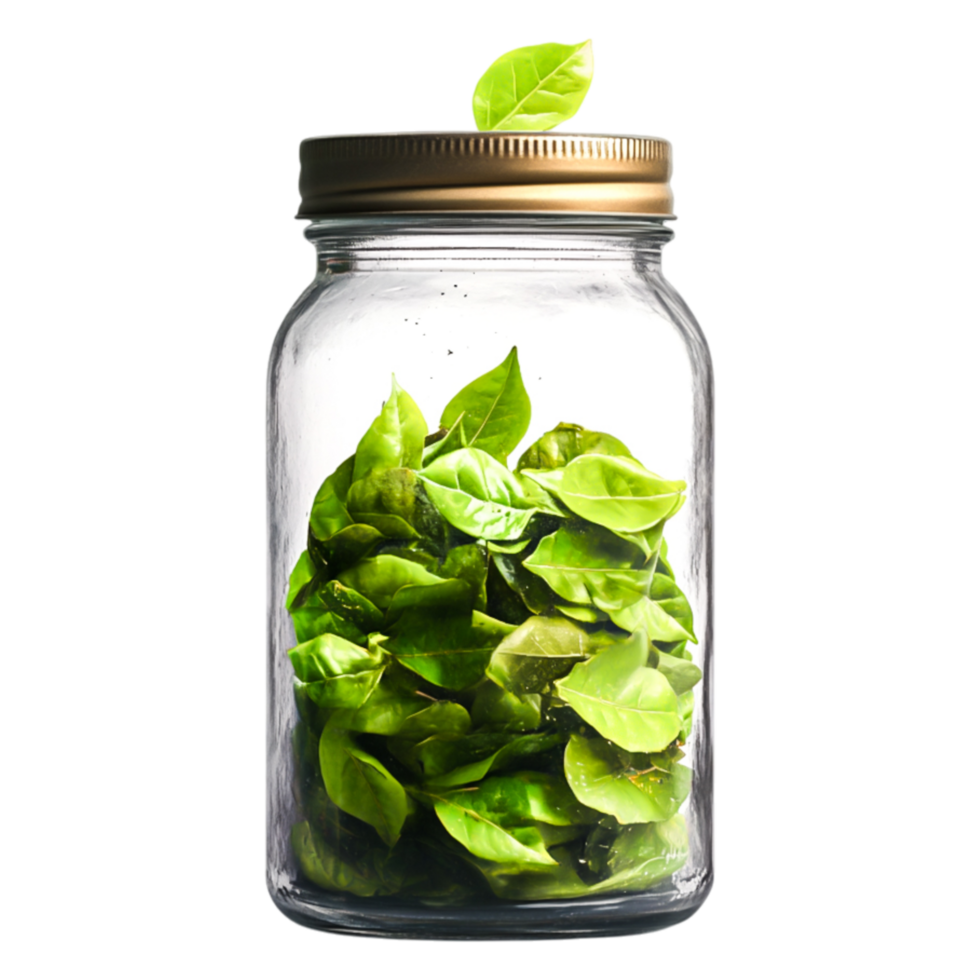 Fresh Green Leaves in Glass Jar with Natural Light Reflection png