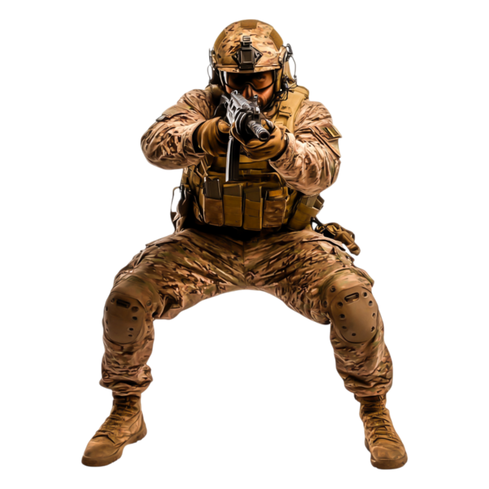 Soldier in tactical gear aiming weapon with focused expression png