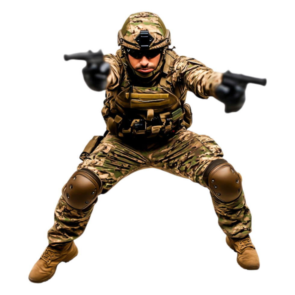 Dynamic Soldier in Combat Position Ready to Engage in Operation png