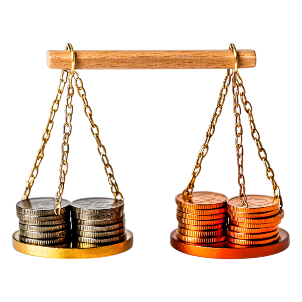 Balance of Wealth and Value with Coins on Scales in Studio Setting png