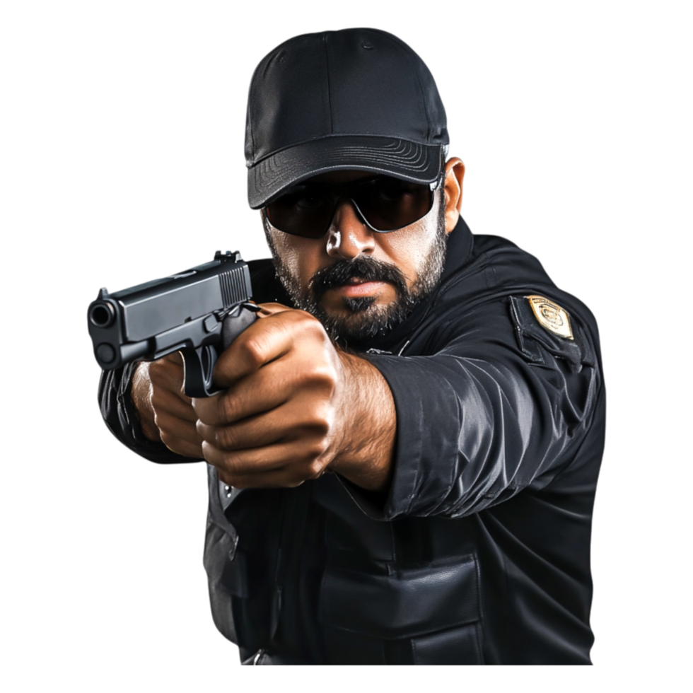 Armed Security Officer in Black Uniform Aiming with Handgun png