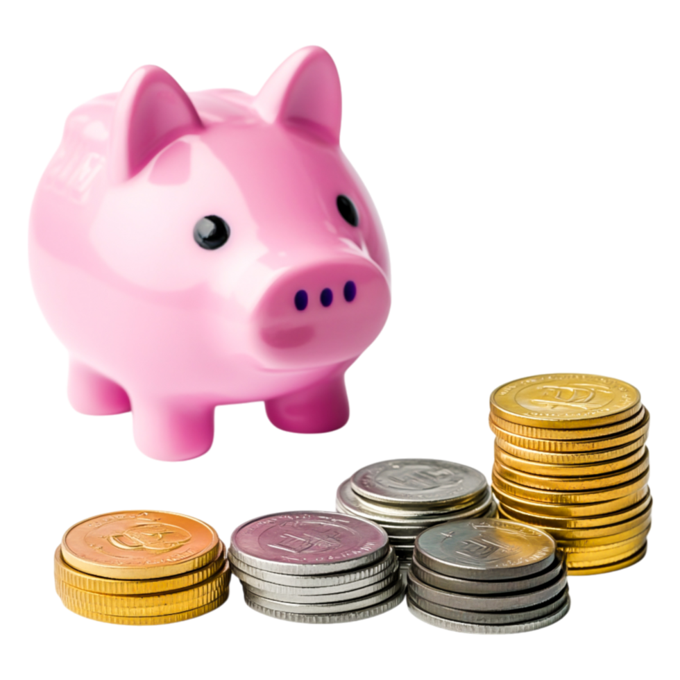 Cute pink piggy bank with stacked coins png