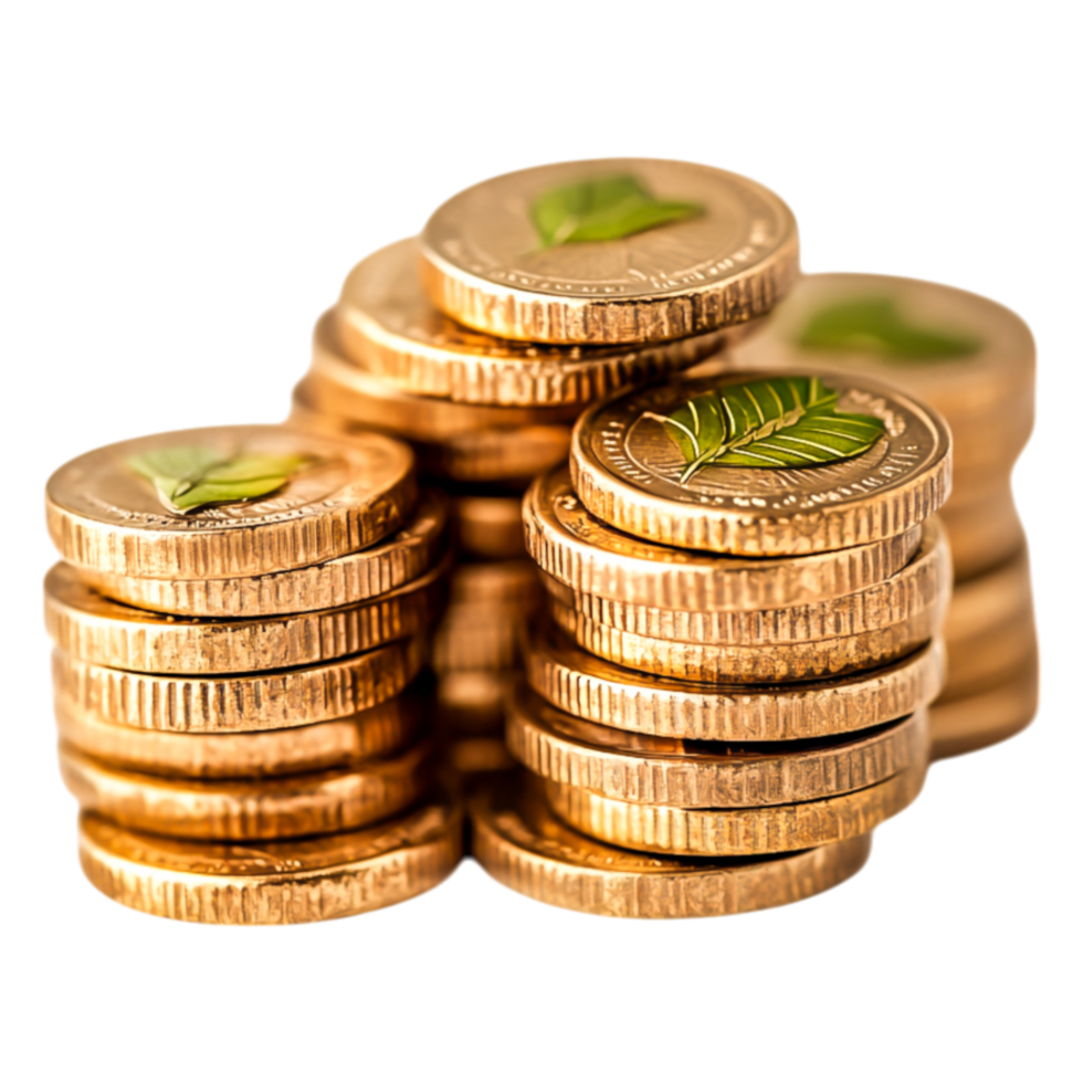 Stacks of Coins with Green Leaves Symbolizing Growth and Prosperity png
