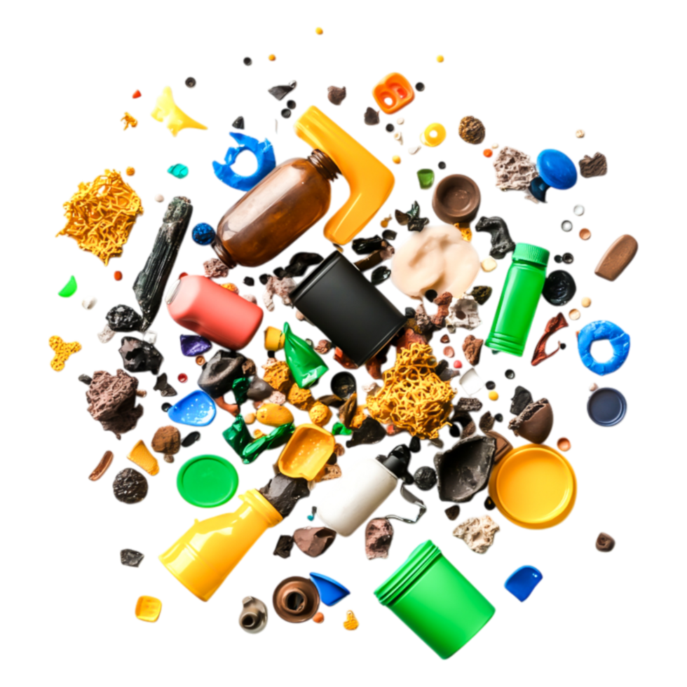 Colorful Collection of Diverse Plastic Waste on Black Background png