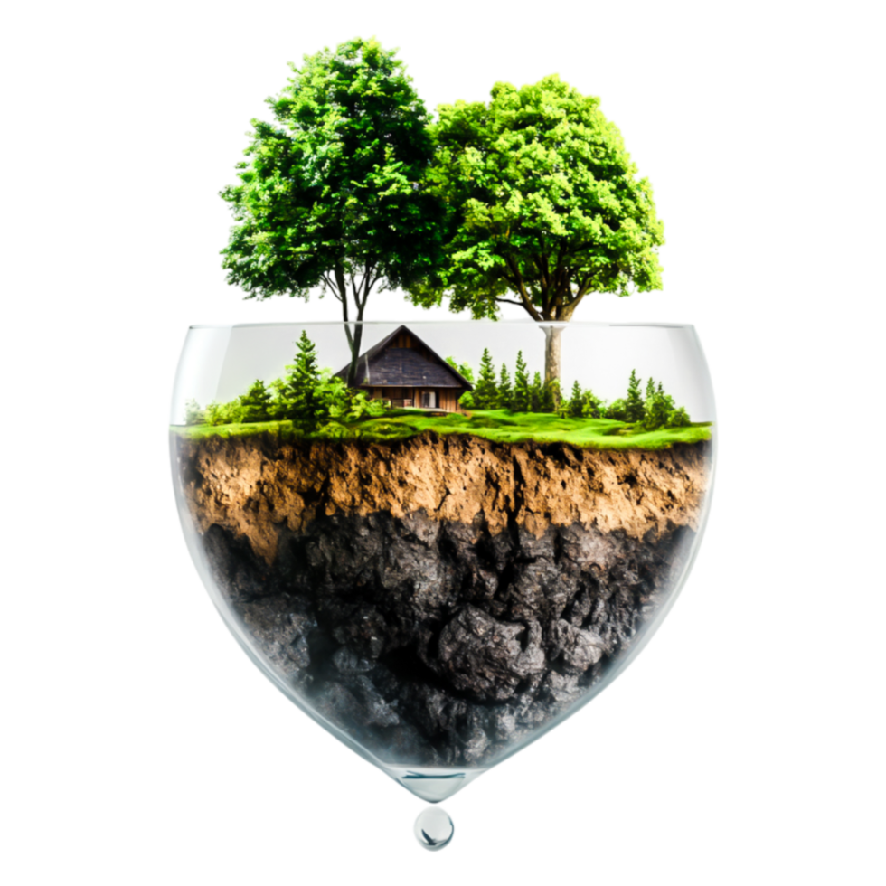 Eco-Friendly Concept with House and Trees in Glass Bowl Design png
