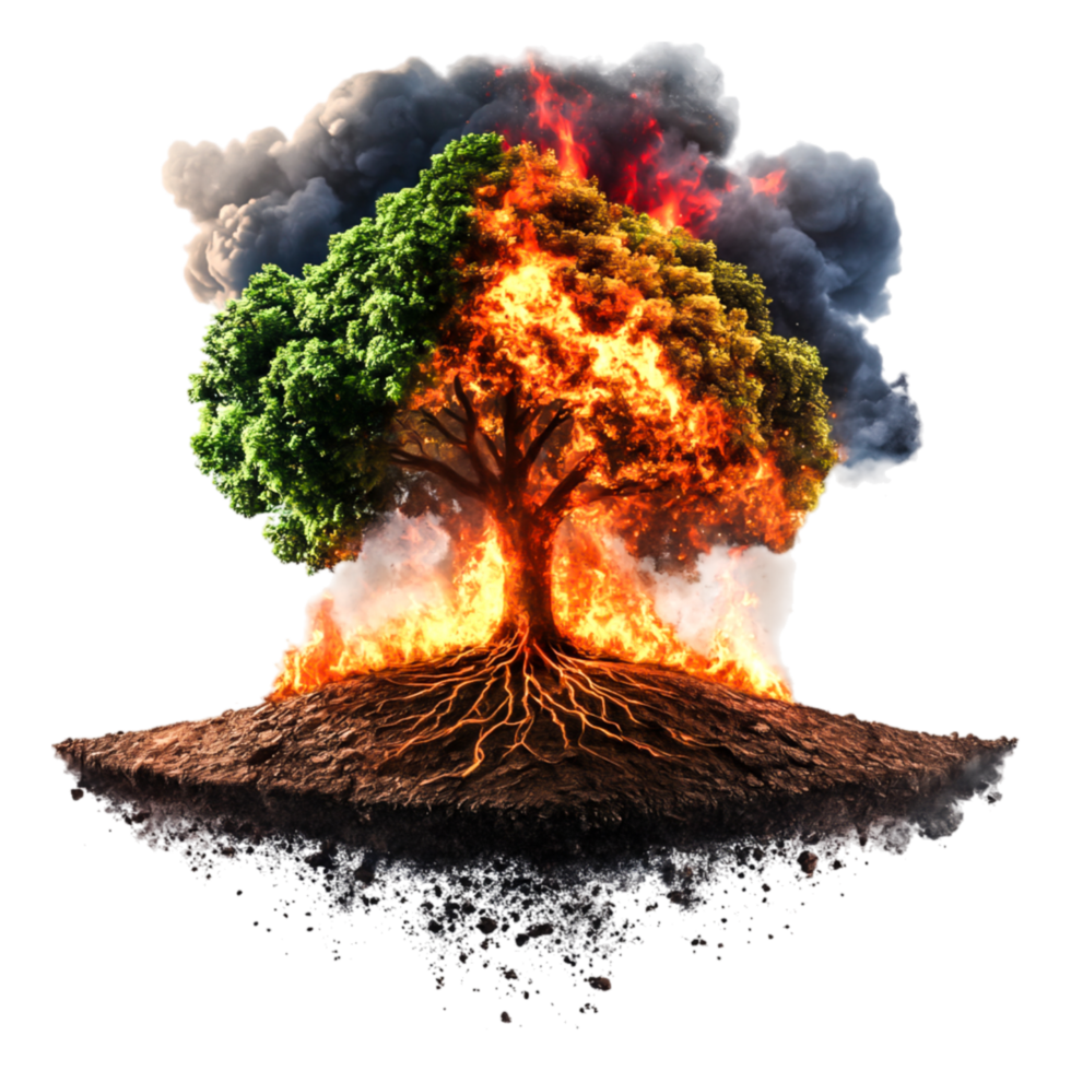 Metamorphosis of Nature Tree in Flames Against Dark Background png