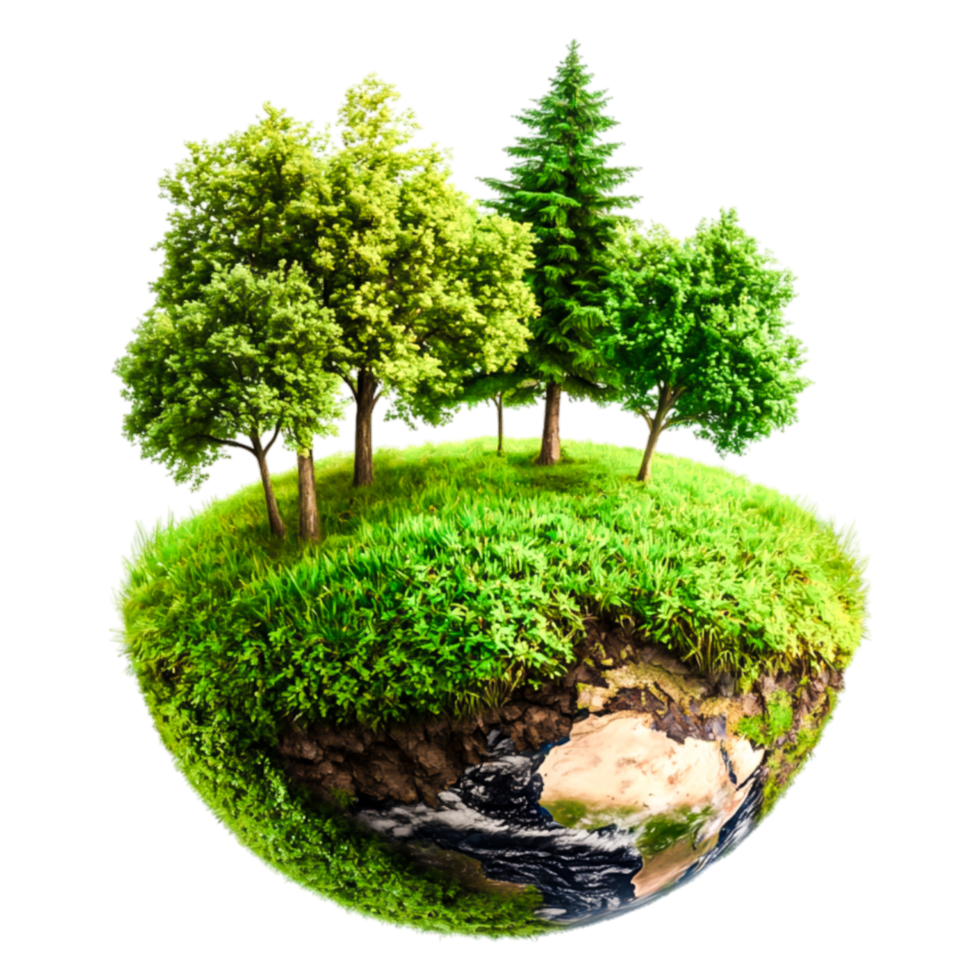 Lush Green Miniature Earth with Trees and Flowing Water Landscape png