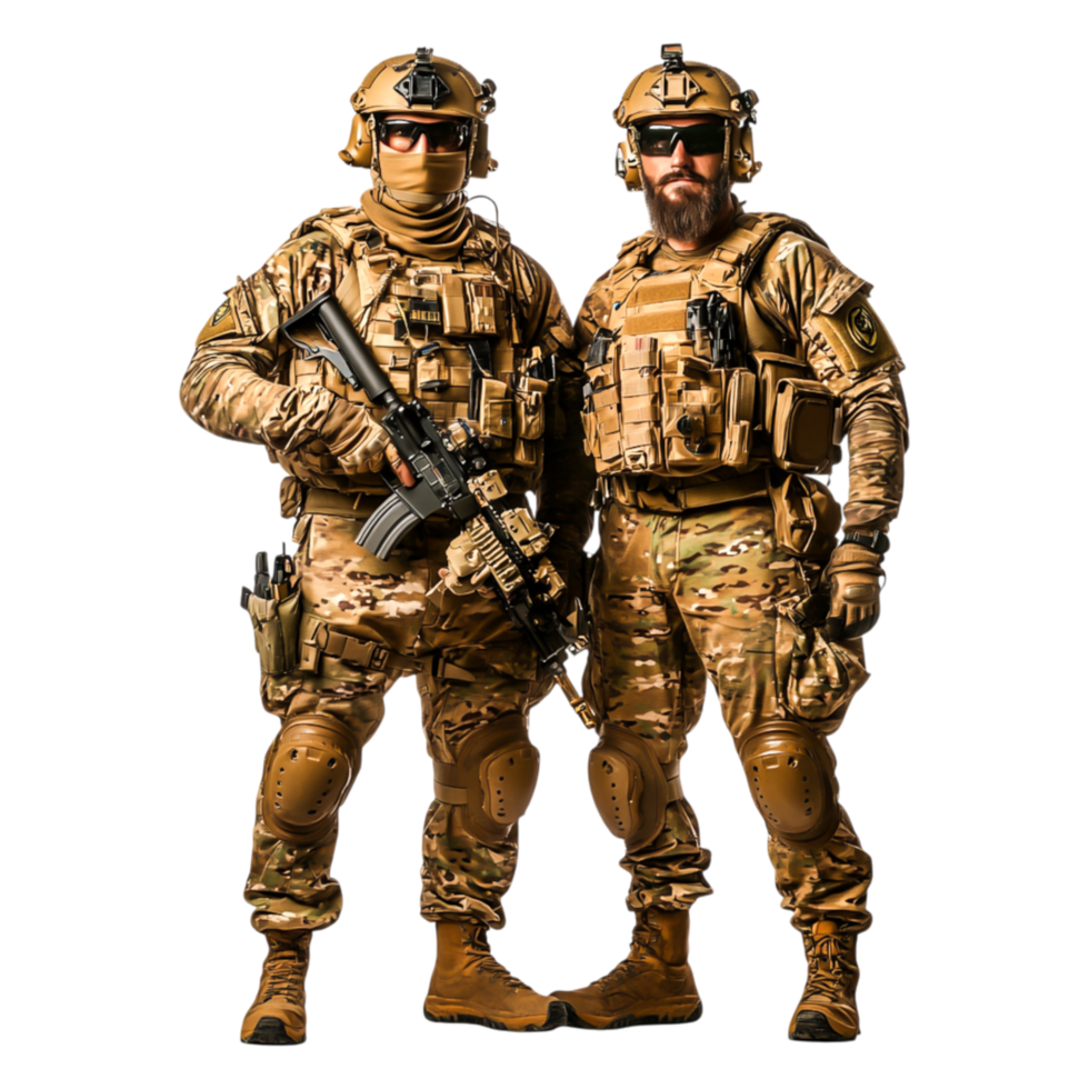 Professional military personnel in tactical gear with weapons stance png