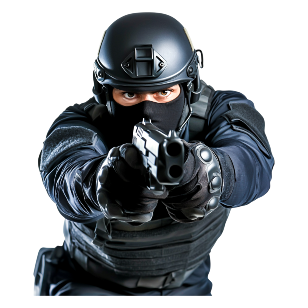 Tactical Police Officer Aiming Firearm in Action Pose png