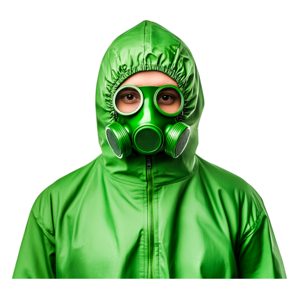 Person in Green Hazmat Suit with Gas Mask Against Black Background png