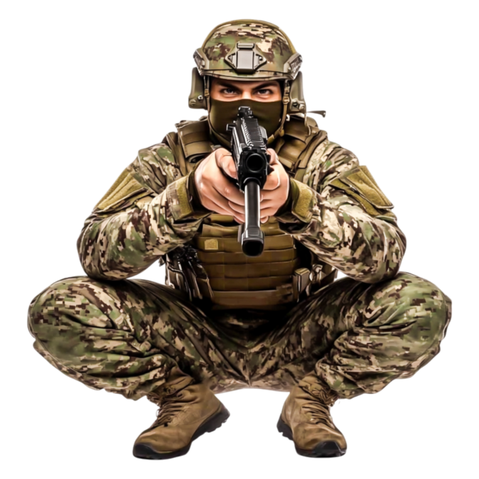 Tactical soldier in camouflage uniform aiming weapon at viewer png