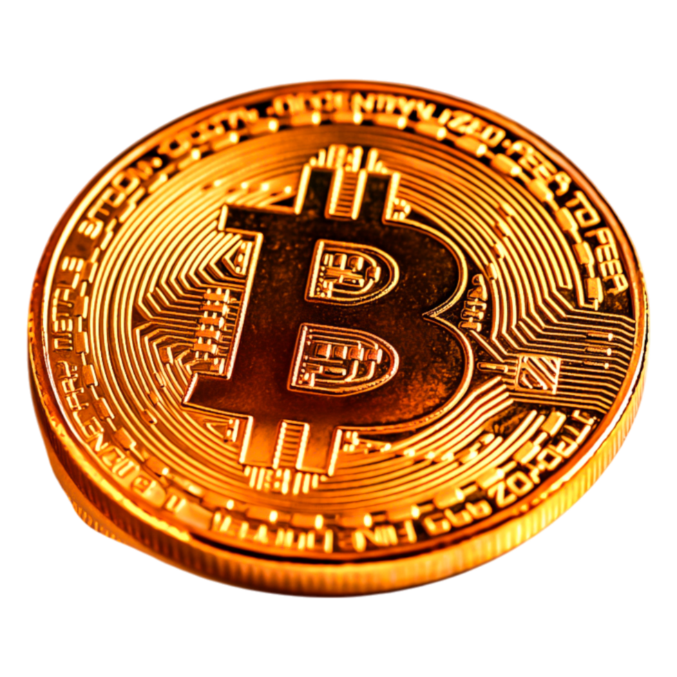 Golden Bitcoin Cryptocurrency Coin on Reflective Surface closeup png