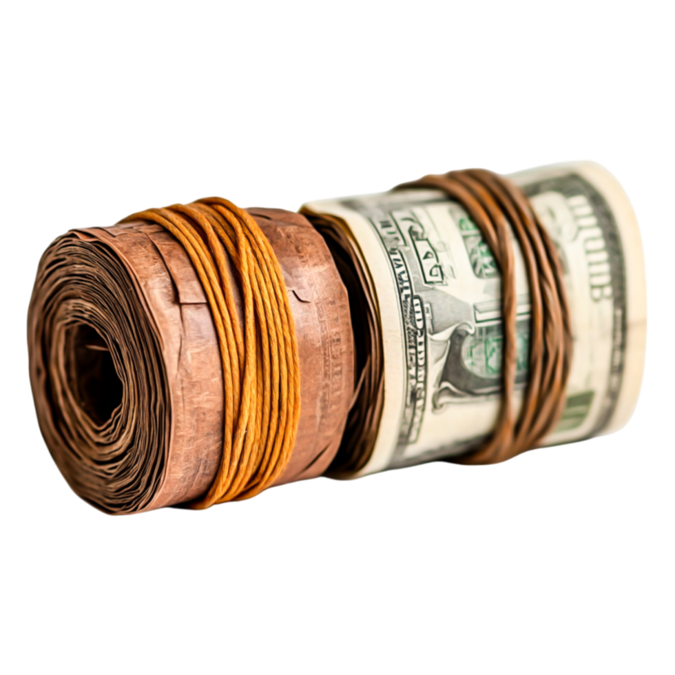 Rolled Currency Bundles with Rubber Bands on a Plain Background png