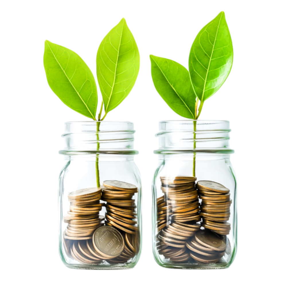 Growth Concept with Coins and Green Leaves in Glass Jars png