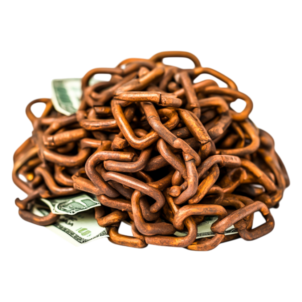 Pile of Rusty Chains on Dollar Bills Symbolizing Financial Struggles png
