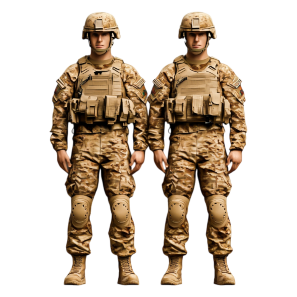 Two Soldiers in Tactical Gear Stand Back to Back in Neutral Setting png