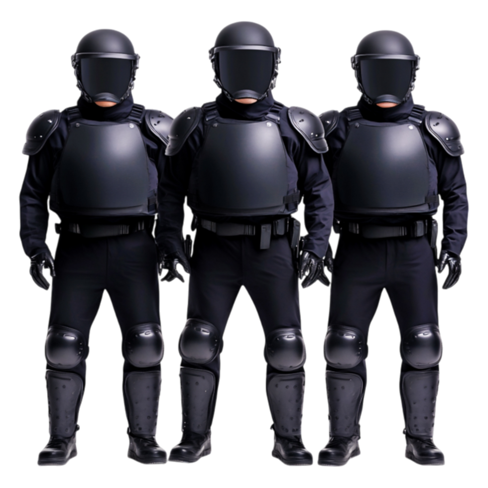 Three Uniformed Security Personnel in Tactical Gear Standing Together png