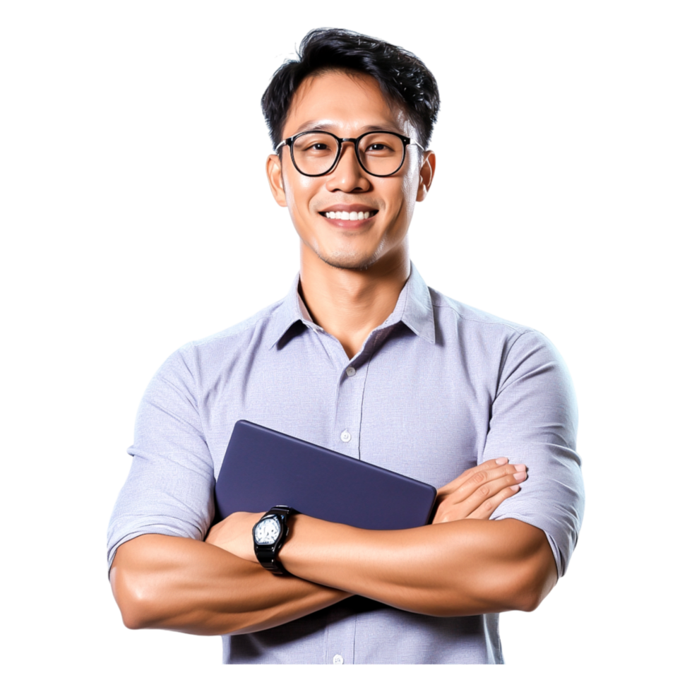 Confident Young Professional Smiling with Tablet in Modern Workplace png