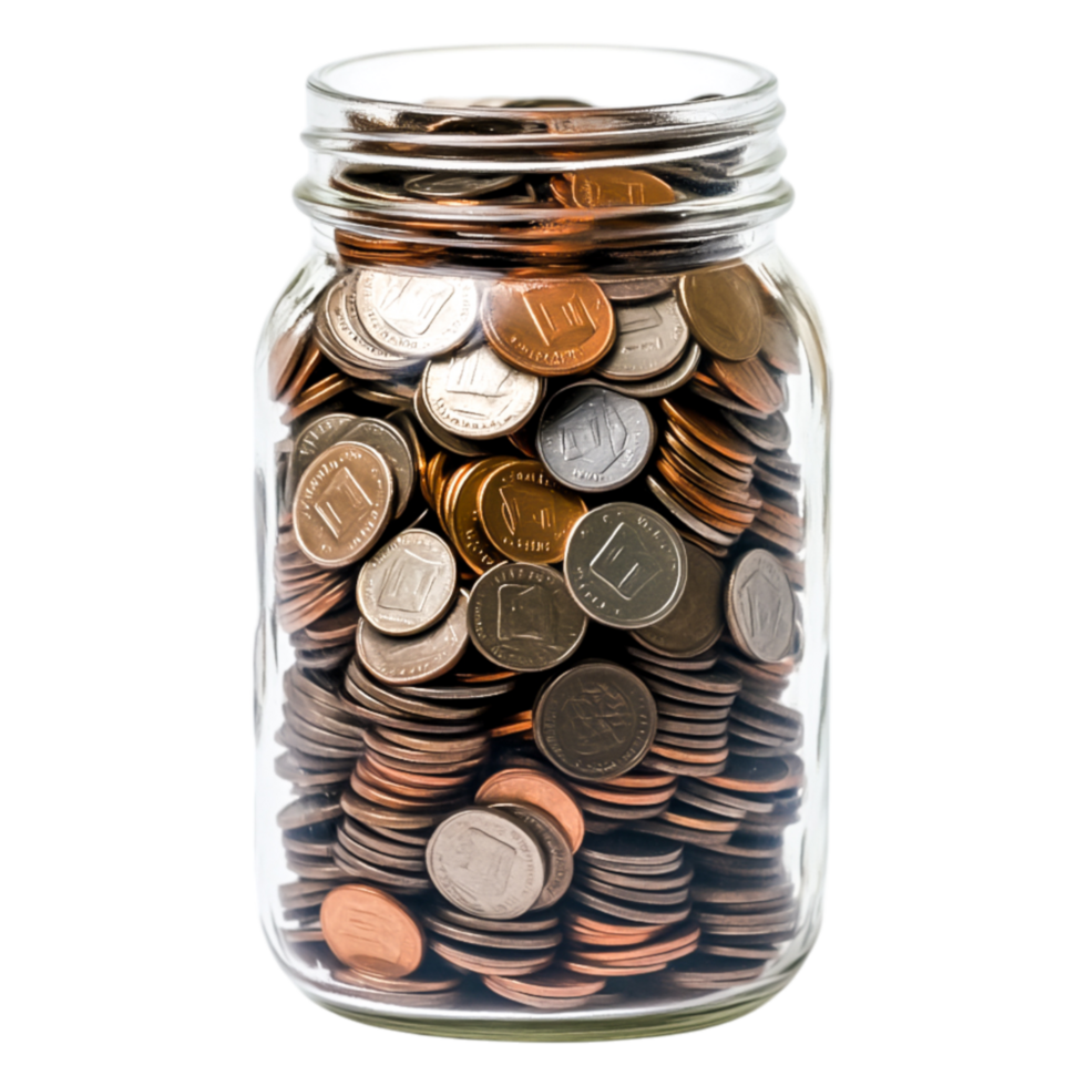Glass Jar Filled with Different Coins for Savings and Budgeting png