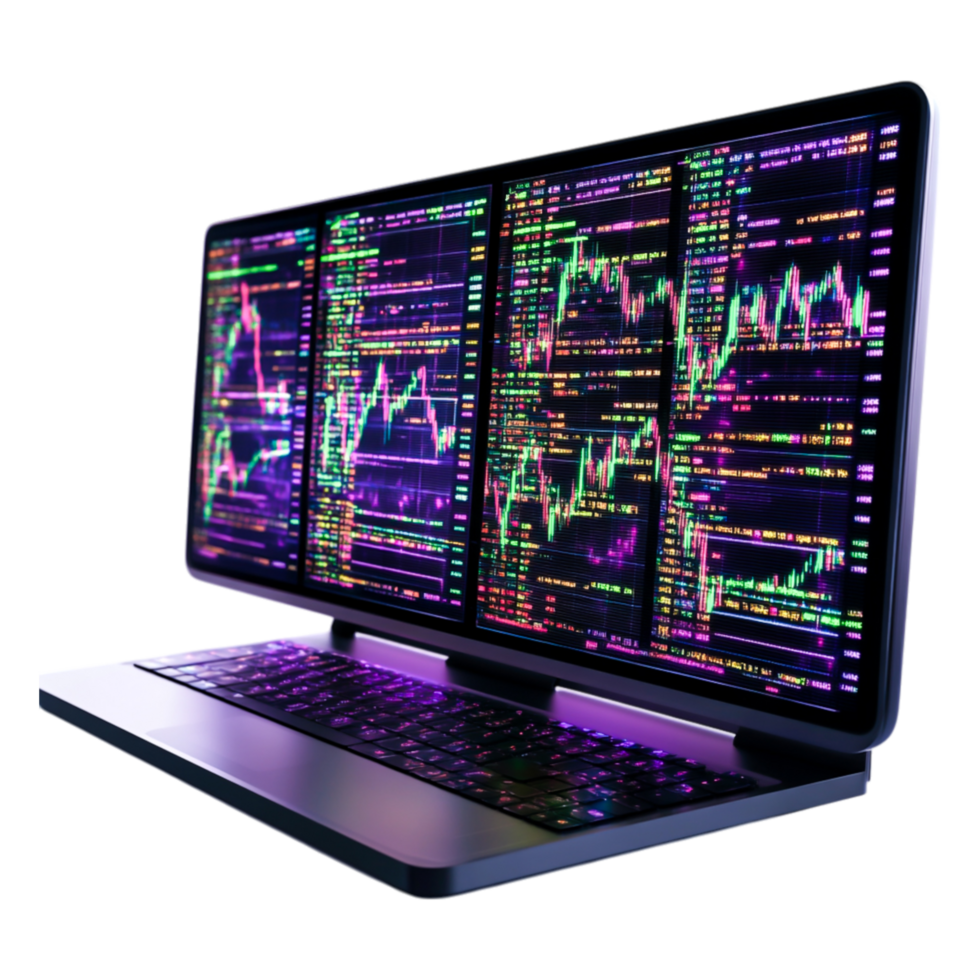 Modern Laptop Displaying Colorful Stock Market Data and Charts png