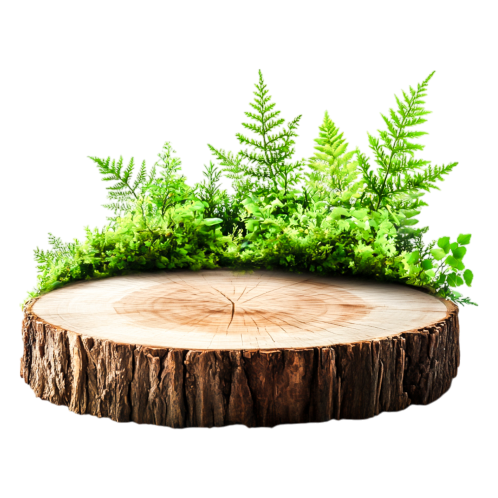 Natural Wooden Slice Surrounded by Lush Green Ferns and Plants png