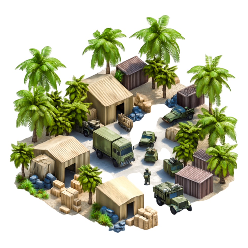 Military Base Surrounded by Tropical Palm Trees and Cargo Containers png