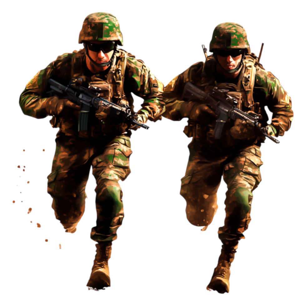 Two Soldiers in Camouflage Gear Running with Firearms in Action png