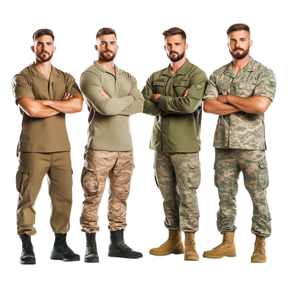 Group of Confident Male Soldiers in Various Military Uniforms png