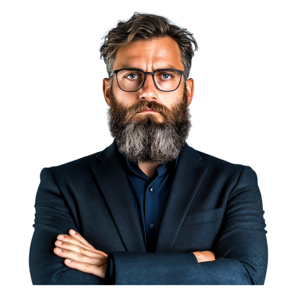 Confident Businessman with Beard and Glasses in Formal Attire png