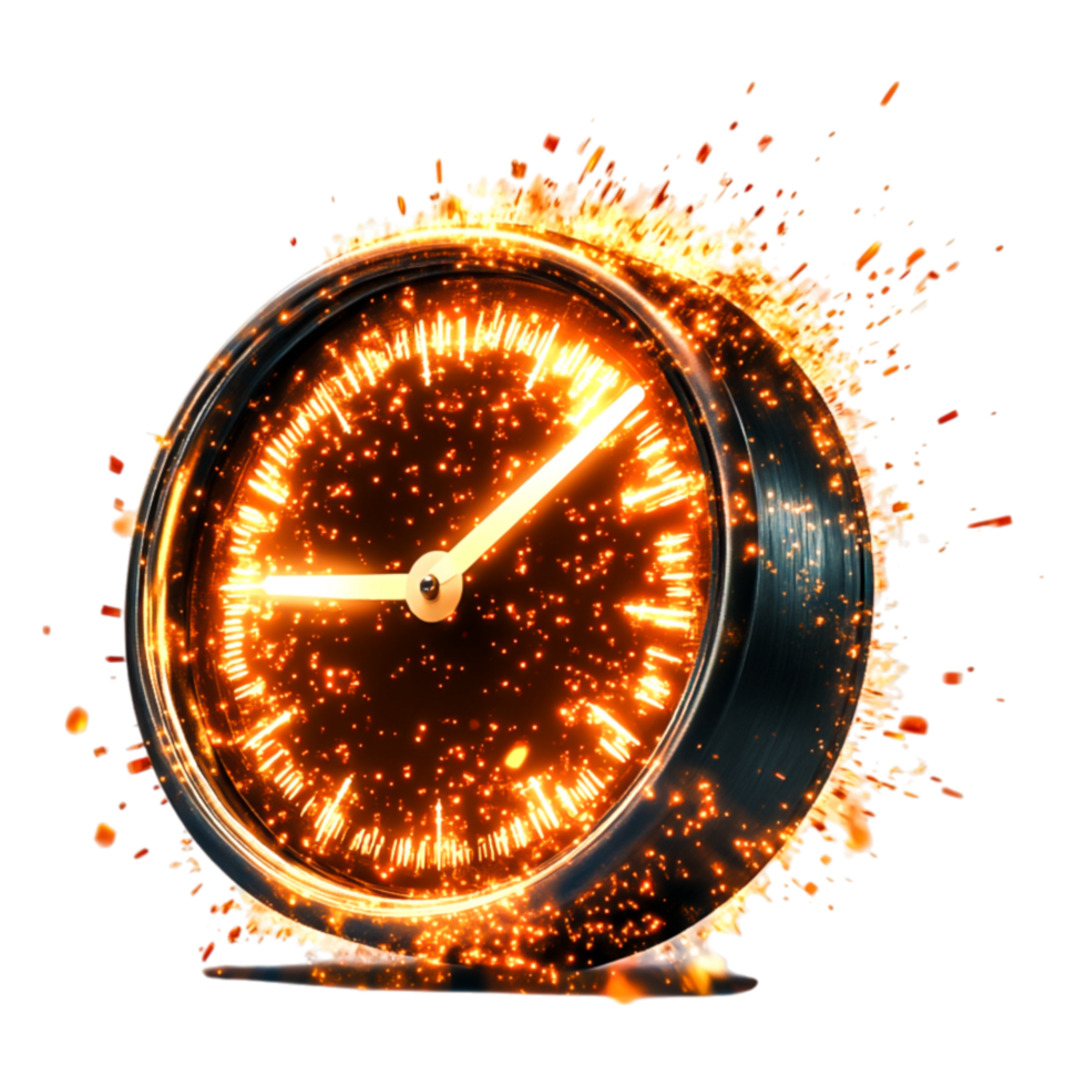 Exploding Clock with Bright Sparks and Light on Black Background png