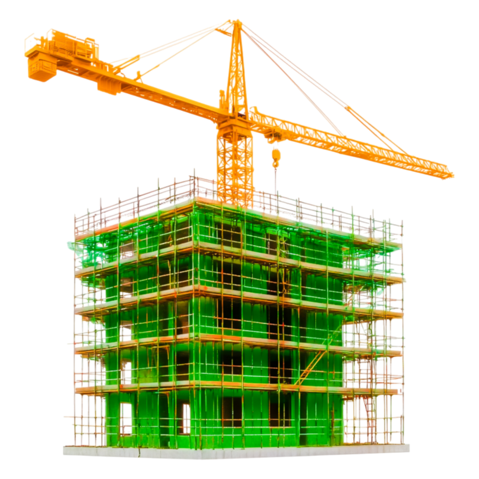 Construction Site with Crane and Green Safety Netting in Urban Setting png