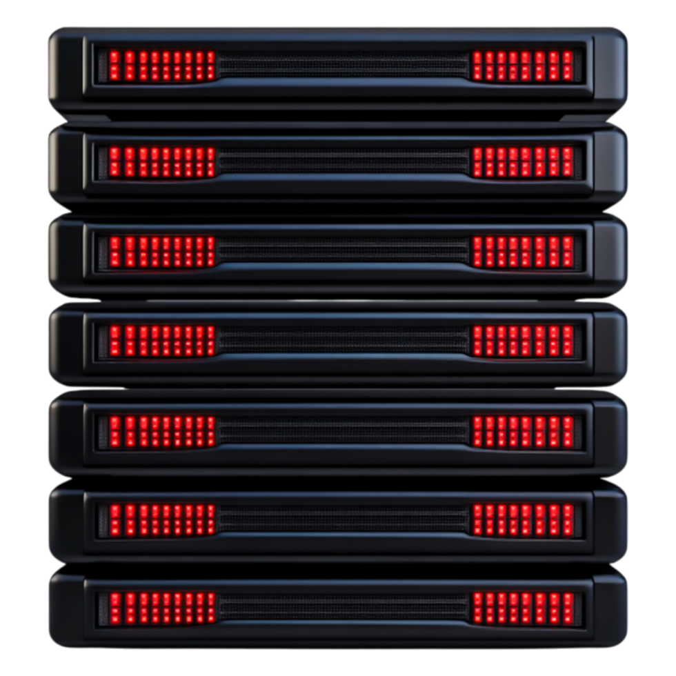 Stack of Server Units with Red LED Indicators in Dark Environment png