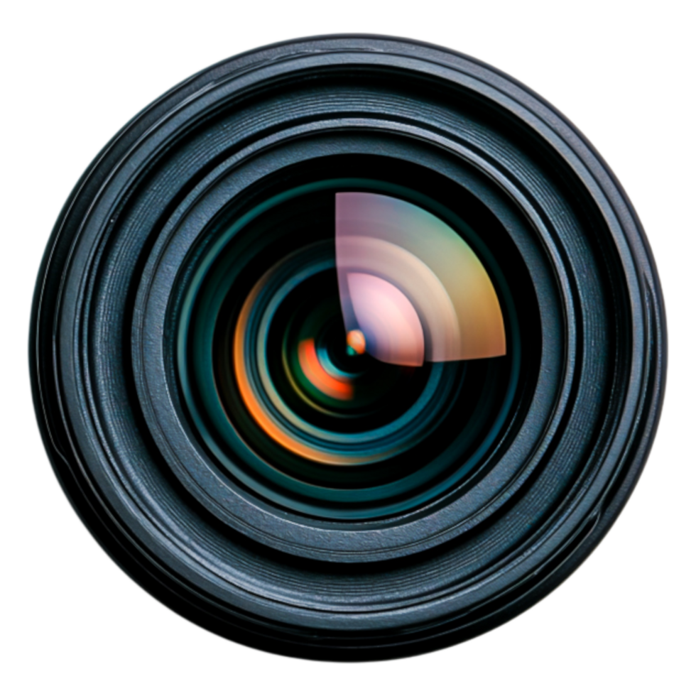 closeup View of a Professional Camera Lens with Colorful Reflections png