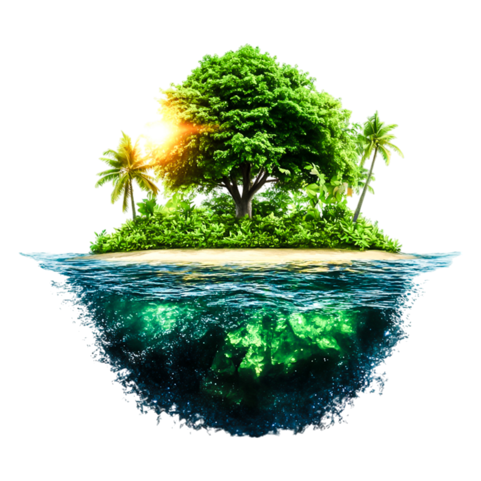 Lush Tropical Island with Vibrant Greenery and Crystal Clear Water png
