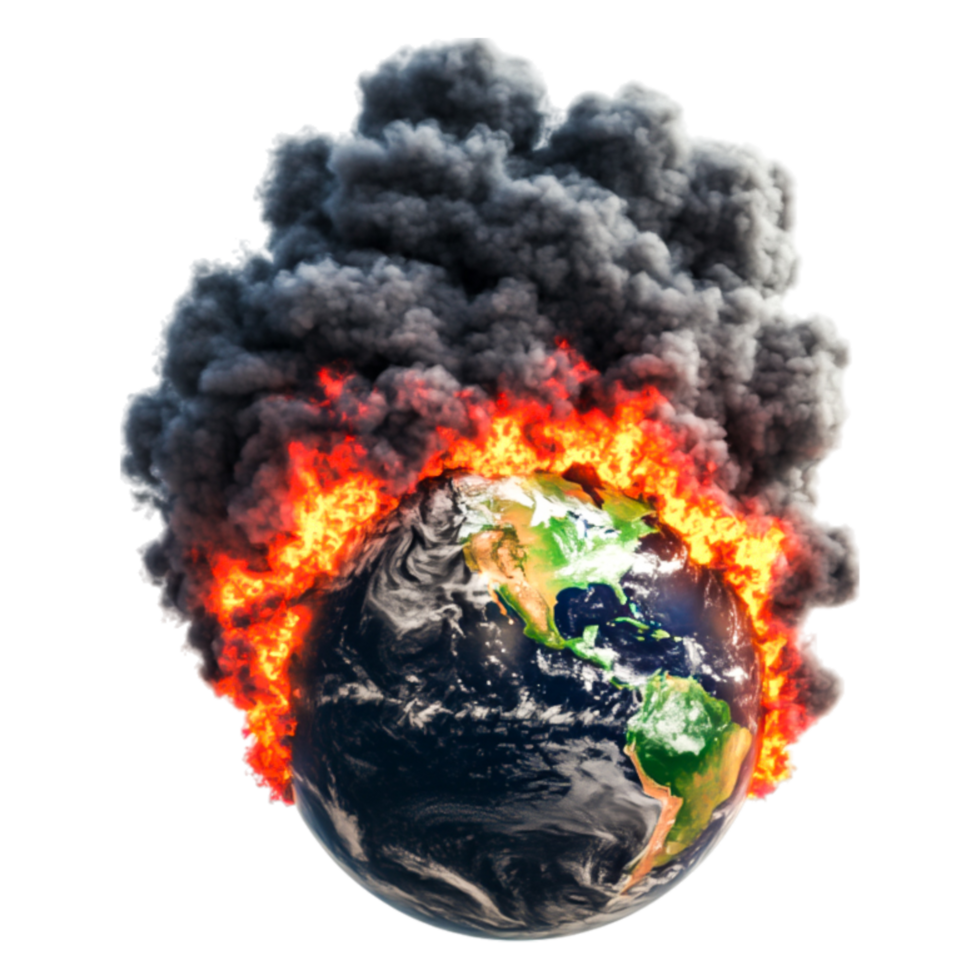 Earth Surrounded by Fiery Flames and Dark Smoke in Chaotic Scene png