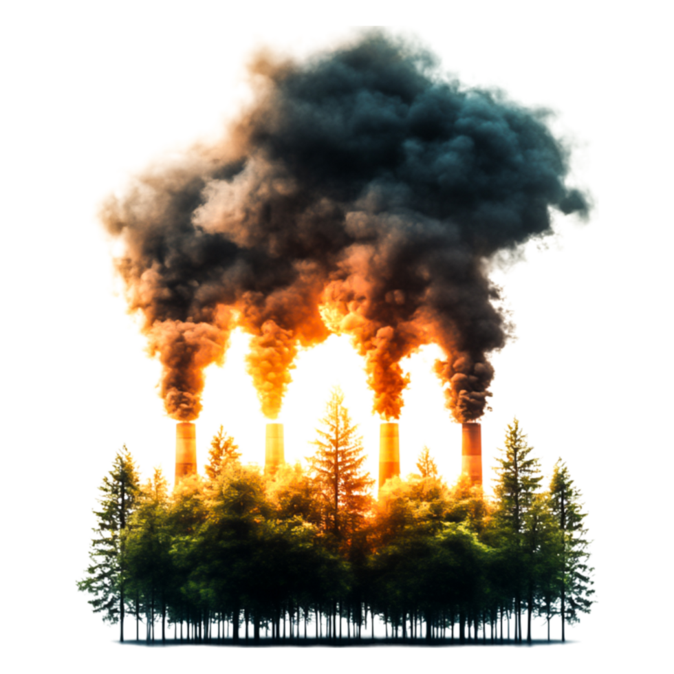 Factory Emissions Pollution Surrounded by Forest Landscape at Sunset png