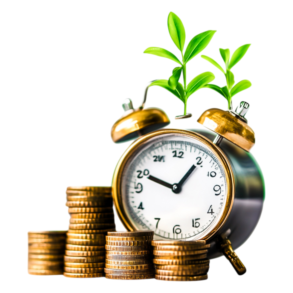 Clock with Coins and Green Plants Symbolizing Growth and Time Management png