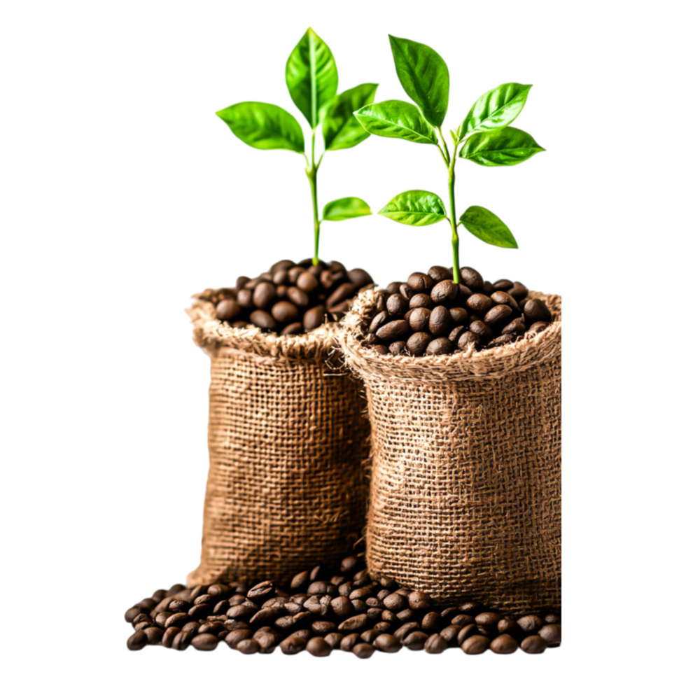 Coffee Plant Growth with Green Leaves in Burlap Sacks png