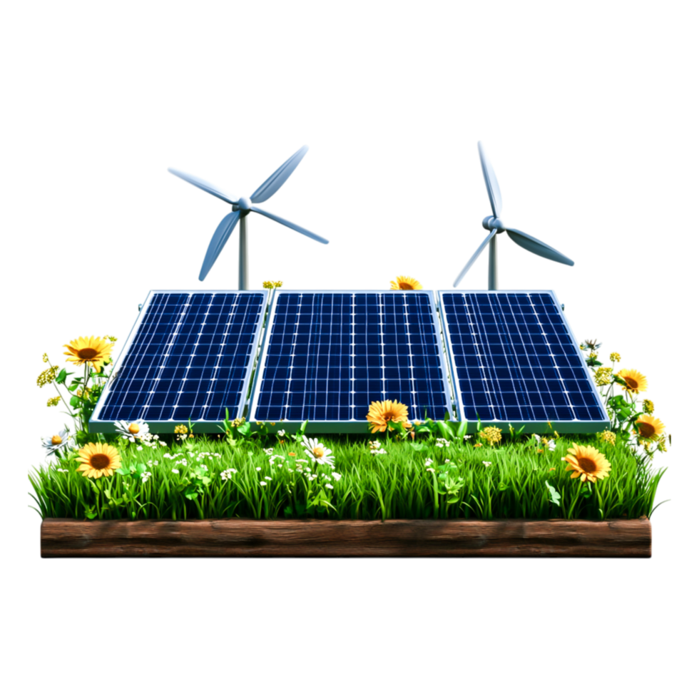 Sustainable Energy Concept Featuring Solar Panels and Wind Turbines png