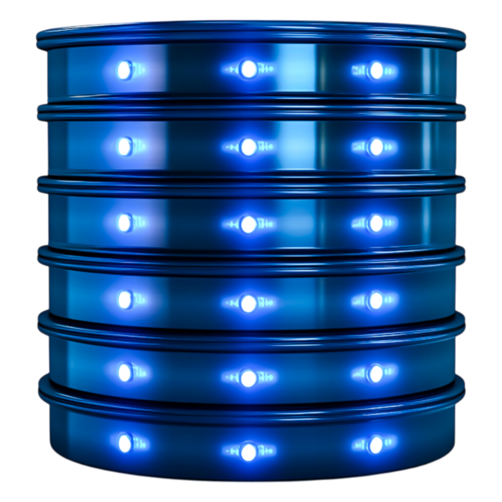 Stacked Blue Barrels with Illuminated Lights for Industrial Use png