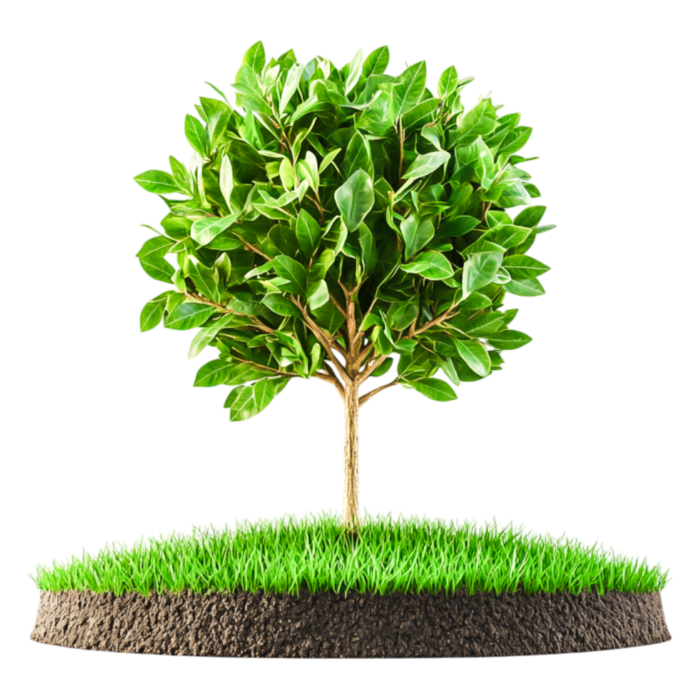 Lush Green Tree Surrounded by Vibrant Grass on Isolated Soil Patch png