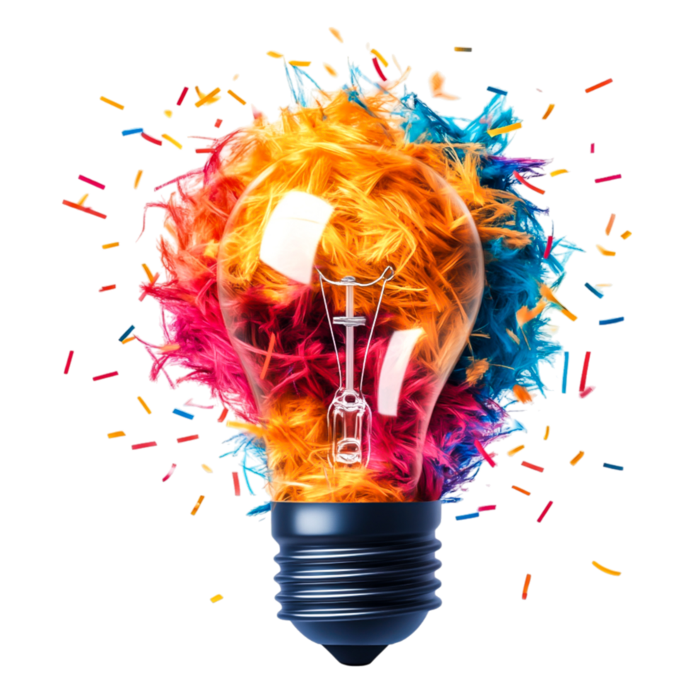 Colorful Light Bulb with Vibrant Fuzzy Elements on Dark Background png