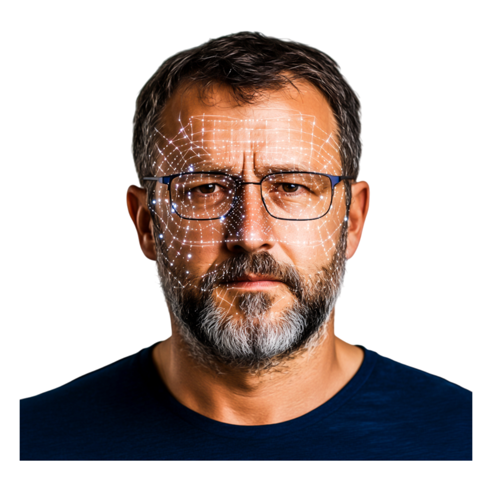 Man with Glasses and Digital Face Projection for Technology Theme png