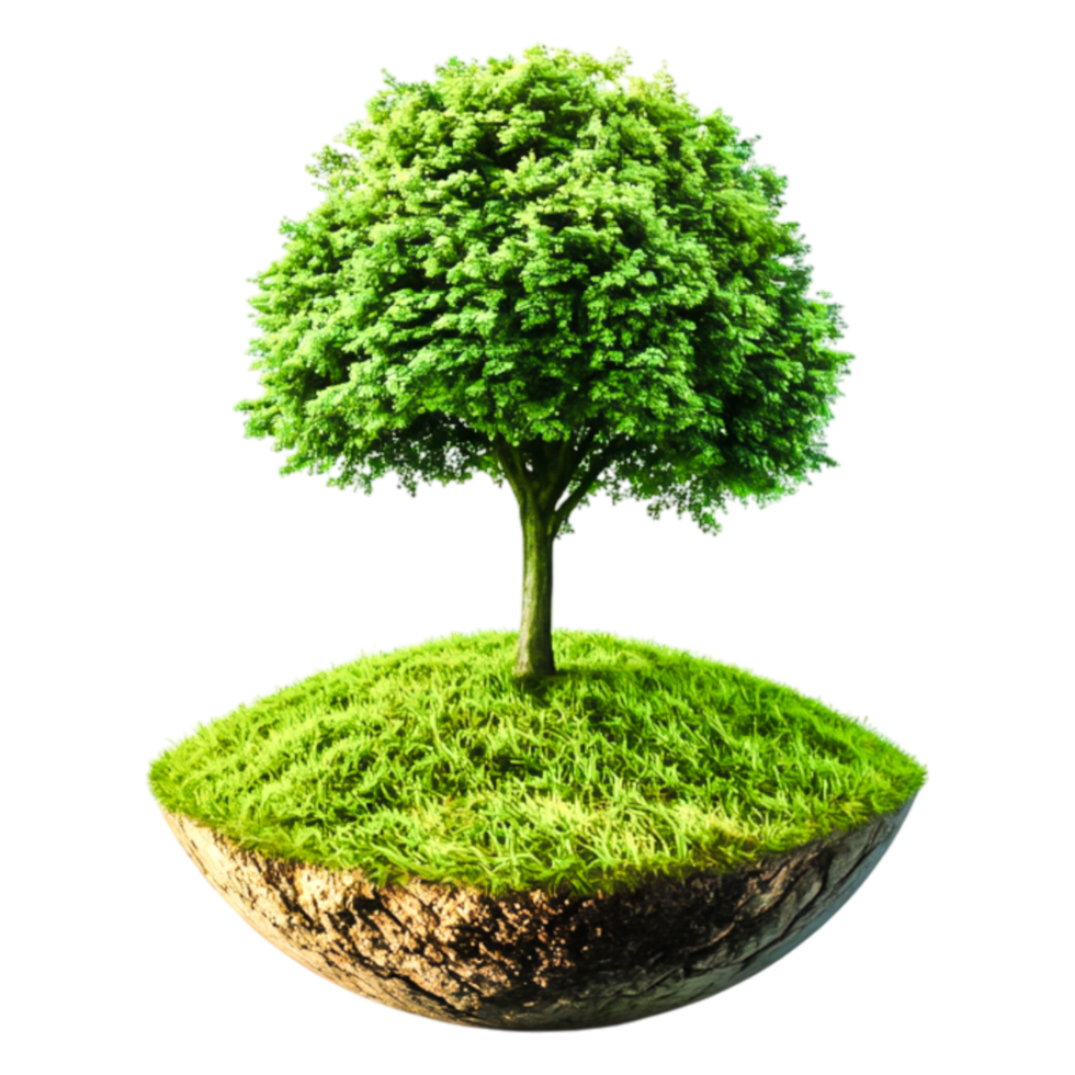 Lush Green Tree on Floating Island with Vibrant Grass Surrounding png