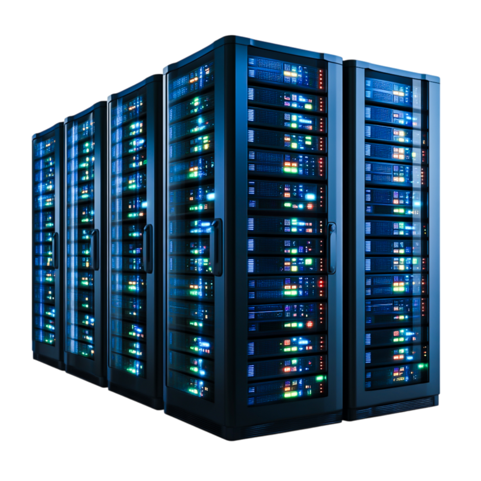 Modern Server Racks in Data Center with Colorful LED Lights png
